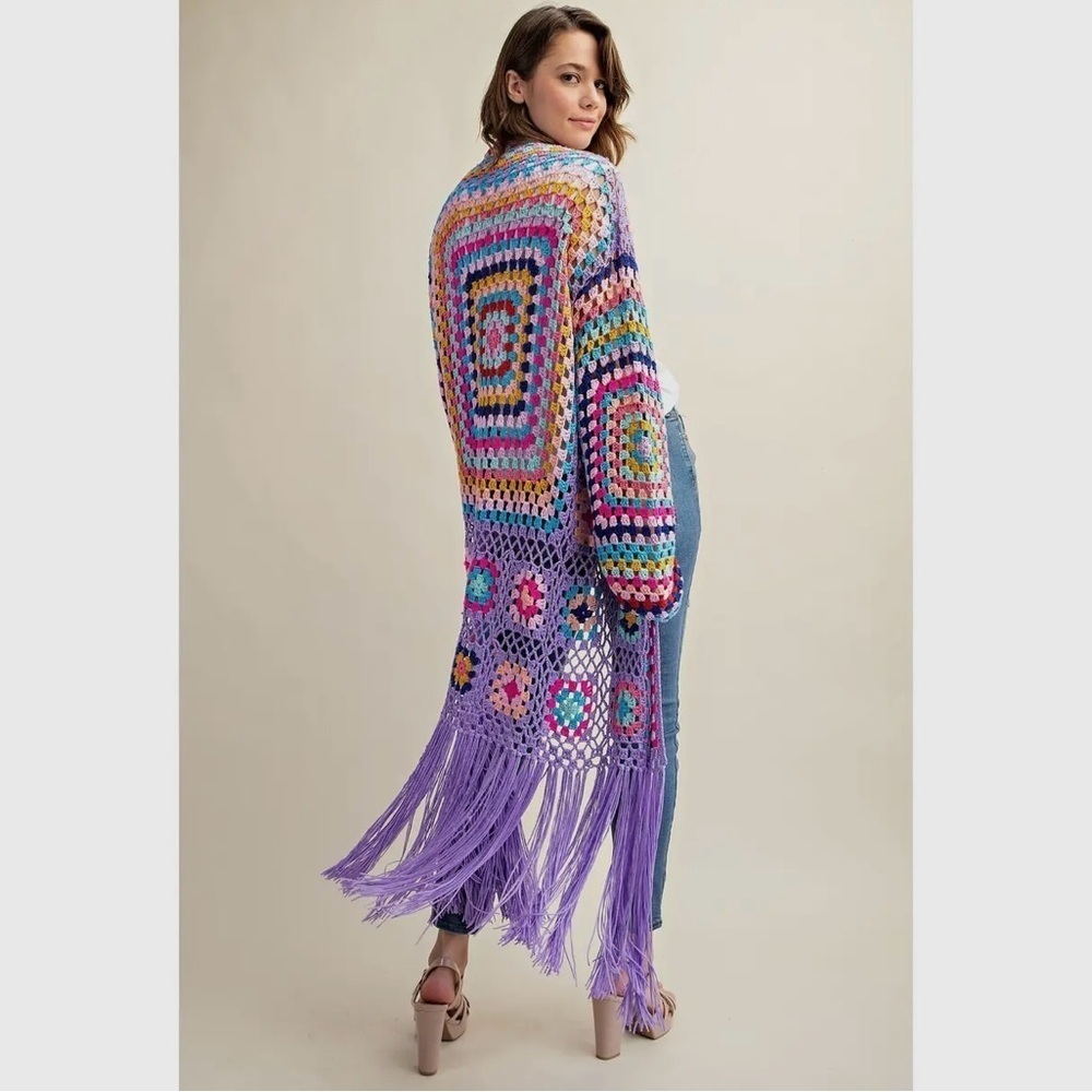 Sweet Generis S/M Purple Multi Crochet Fringe Cardigan Grannycore Cottagecore - Picture 2 of 3